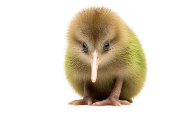 A petite bird with an elongated beak perches serenely on a pristine white surface