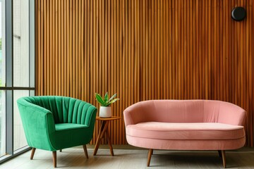 Modern living room interior with green armchair and pink sofa