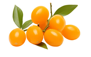 A beautiful bunch of oranges, complete with green leaves, laid elegantly on a pristine white background