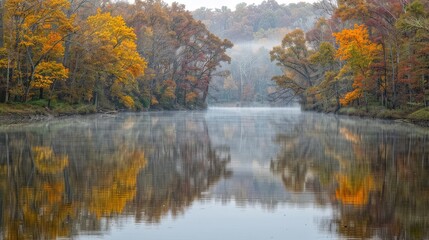 Fototapeta premium a body of water surrounded by trees with yellow and red leaves on the trees in the foreground and a foggy sky in the background.