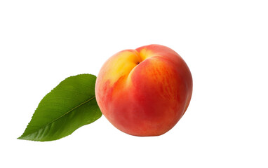 Fototapeta na wymiar A ripe peach with a vibrant green leaf resting on a clean white background
