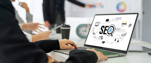 SEO search engine optimization for modish e-commerce and online retail business showing on computer...