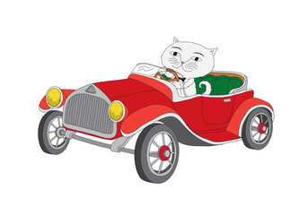 Obraz premium Cute cartoon illustration of a cat in a classic car