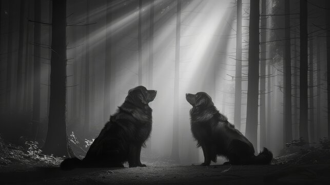 a black and white photo of two dogs sitting in the woods looking up at the light coming through the trees.