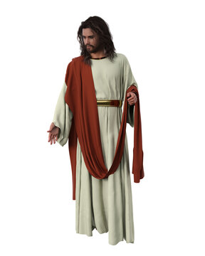 Isolated 3D render of Jesus Christ walking with his hand offered to the side..
