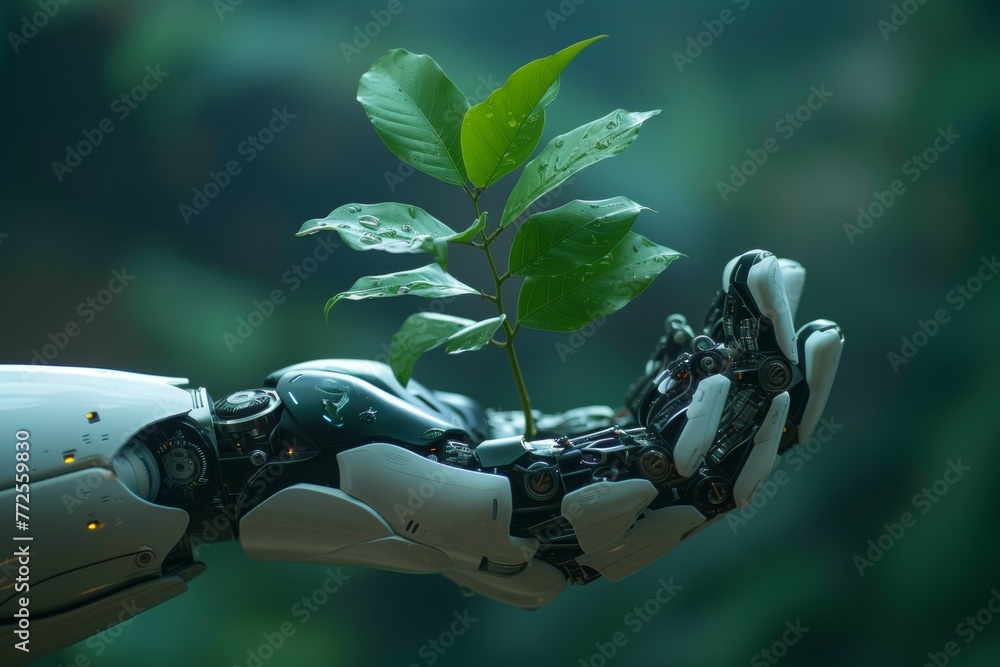Poster a robot hand works on a modern farm. background with selective focus and copy space