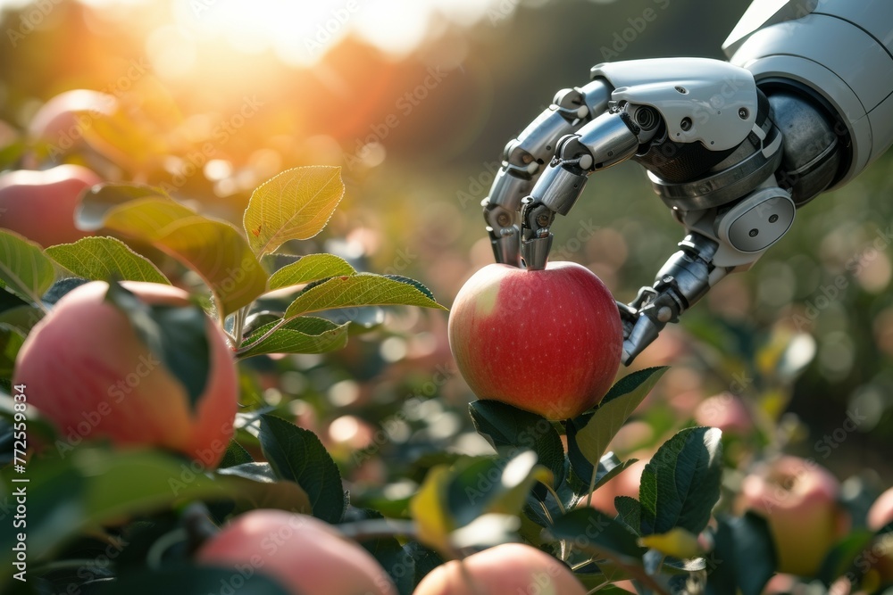 Poster a robot hand works on a modern farm. background with selective focus and copy space