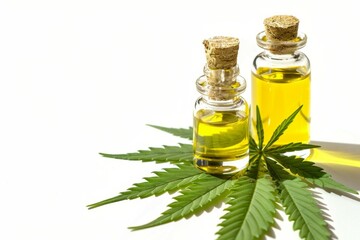 Two bottles of cannabis oil are on a leafy green plant