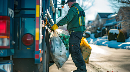a person in work attire loading bags into the back of a garbage truck on a sunny day - obrazy, fototapety, plakaty