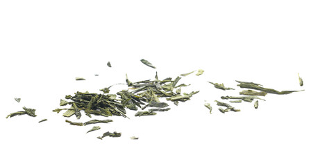 Sencha green tea pile isolated on white, side view