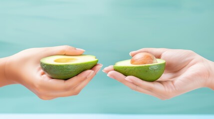 two hands holding an avocado with a piece of fruit in the middle of one hand and an avocado in the other hand.