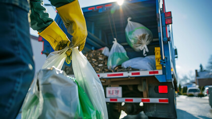 a person in work attire loading bags into the back of a garbage truck on a sunny day