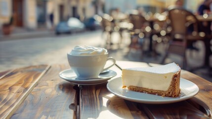 Cheesecake dessert and cup of coffee on table in street cafe. Background concept