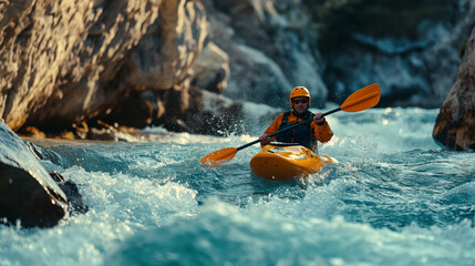 Kayaker Paddling The Rapids of A Beautiful Mountain River. Generative AI. - 772560224