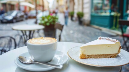 Cheesecake dessert and cup of coffee on table in street cafe. Background concept