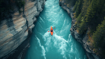 Aerial View of A Kayaker Paddling The Rapids of a Beautiful Mountain River. Generative AI. - 772560254