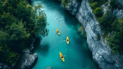 Aerial View of Kayakers Paddling Along a Beautiful Mountain River. Generative AI.