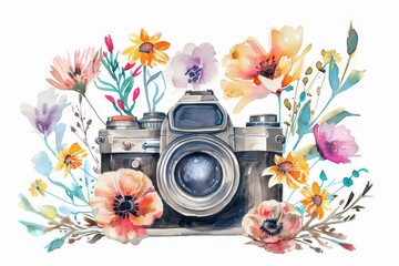Camera in the presence of flowers. Watercolor illustration isolated on white background - obrazy, fototapety, plakaty