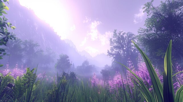 a lush green field filled with lots of purple flowers next to a forest filled with lots of tall green trees.