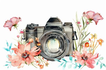 Camera in the presence of flowers. Watercolor illustration isolated on white background - obrazy, fototapety, plakaty