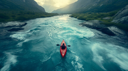 Aerial View of A Kayaker Paddling The Rapids of a Beautiful Mountain River. Generative AI. - 772560468