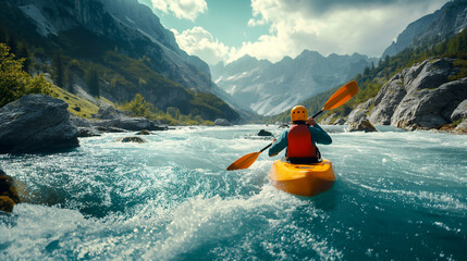 Kayaker Paddling The Rapids of A Beautiful Mountain River. Generative AI.