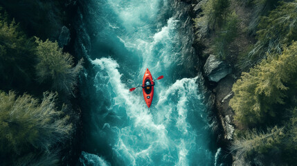 Aerial View of A Kayaker Paddling The Rapids of a Beautiful Mountain River. Generative AI. - 772560499