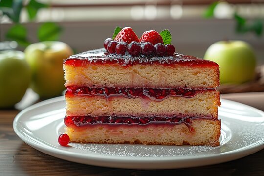A slice of cake with strawberries on top is on a white plate. The cake is cut in half and has a strawberry on top of it