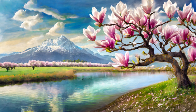 baum, See, fr&uuml;hling, aufbl&uuml;hend, neu, modern, rosa, pink, Idylle, niemand, copy space, hintergrund, berge, himmel, wasser, sch&ouml;n, panorama, floral, Flieder, &auml;ste, 
