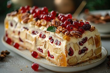 A closeup of the delicious fruit and nuts trunk cake, beautifully decorated with red, green and yellow marmalade berries on top - obrazy, fototapety, plakaty