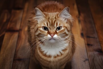 Adorable ginger cat sports serious, funny expression on wooden floor