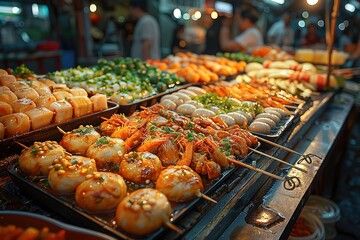 A variety of food is displayed on a table, including shrimp, meat