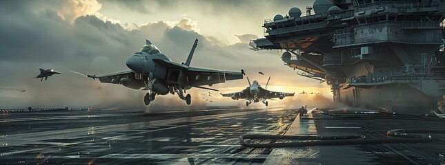 A cinematic shot of two fighter jets taking off from an aircraft carrier. Modern and advanced combat equipment.