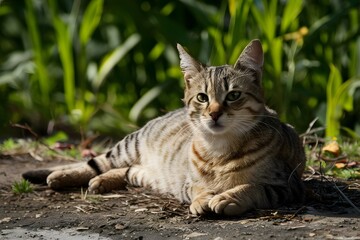 Naklejka na ściany i meble Adult street cat basks in sunlight, relaxing in natural surroundings