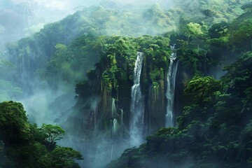 Fototapeta na wymiar Lush green tropical rainforest with majestic waterfall cascading down misty cliffs, digital illustration