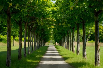 Fototapeta na wymiar Alley lined with young trees offers serene summer park escape
