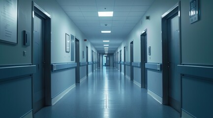 Long light blue hospital corridor with rooms and doors. 3D rendering. Empty, accident and emergency interior.