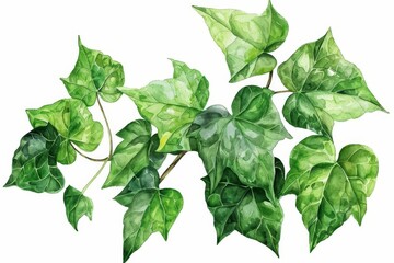 Lush green Javanese treebine or grape ivy leaves isolated on white, botanical illustration