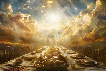 Long table with feast prepared for biblical party in heaven, promise illustration - obrazy, fototapety, plakaty