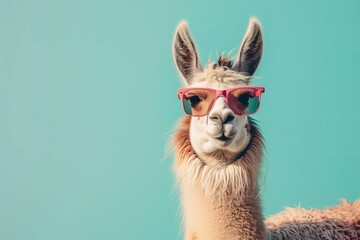 Naklejka premium Llama wearing sunglasses against solid pastel background, creative surreal animal portrait