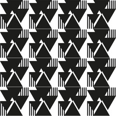 Seamless graphic vector pattern consisting of black geometric shapes - triangles and stripes