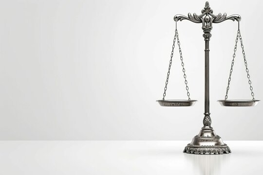 Judicial scales of justice on plain white background, law and order symbol concept illustration