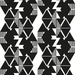 Seamless graphic vector pattern consisting of black geometric shapes - triangles and stripes - obrazy, fototapety, plakaty
