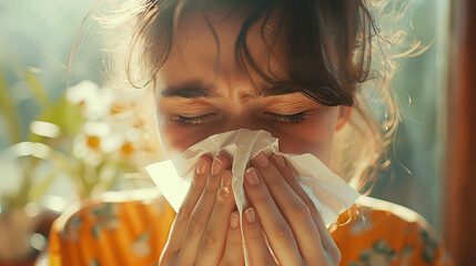portrait of a woman sneezing because of pollen allergy - obrazy, fototapety, plakaty