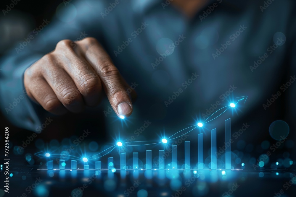 Poster a hand is pointing at a graph with a blue background