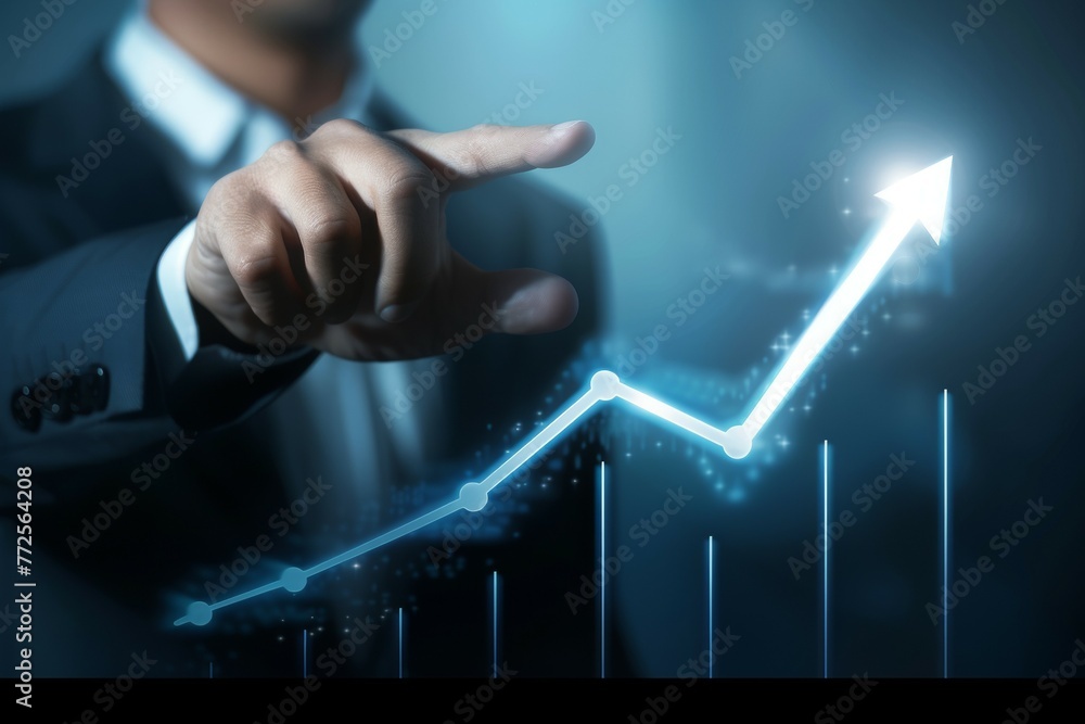 Poster a man is pointing at a graph with a rising arrow