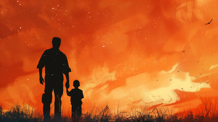 father and son silhouette against the orange sky