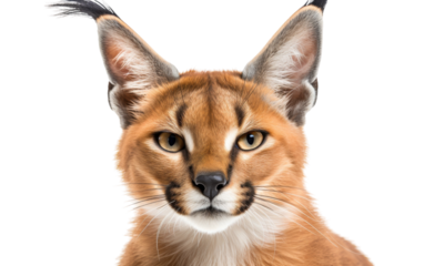 A close-up view of a cats face with an intense expression, set against a white backdrop