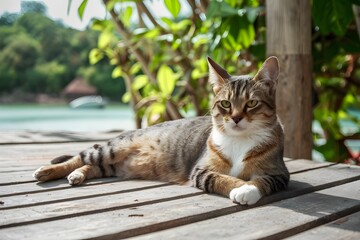 Cat lounges peacefully on hot summer day in idyllic setting