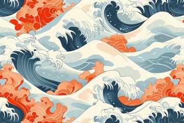 Fototapeta na wymiar Japanese wave seamless pattern, oriental design background illustration